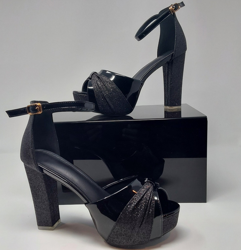 Womens EU39 US8.5-9 Black Glitter Patent Platform Block Heel Ankle Strap Sandals